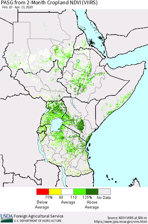 Eastern Africa PASG from 2-Month Cropland NDVI (VIIRS) Thematic Map For 4/11/2020 - 4/20/2020