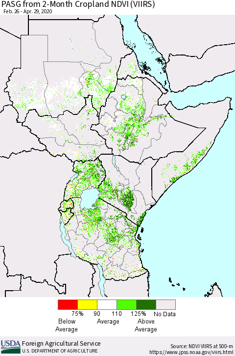 Eastern Africa PASG from 2-Month Cropland NDVI (VIIRS) Thematic Map For 4/21/2020 - 4/30/2020
