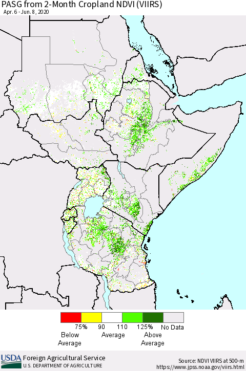 Eastern Africa PASG from 2-Month Cropland NDVI (VIIRS) Thematic Map For 6/1/2020 - 6/10/2020