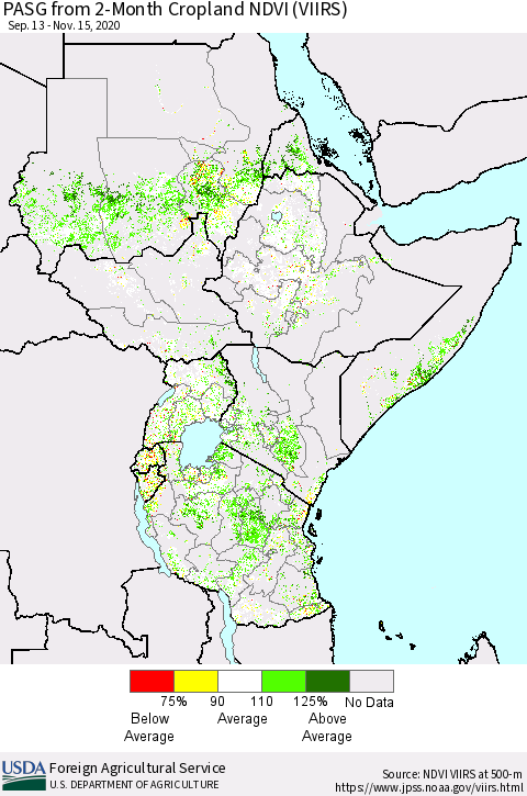 Eastern Africa PASG from 2-Month Cropland NDVI (VIIRS) Thematic Map For 11/11/2020 - 11/20/2020
