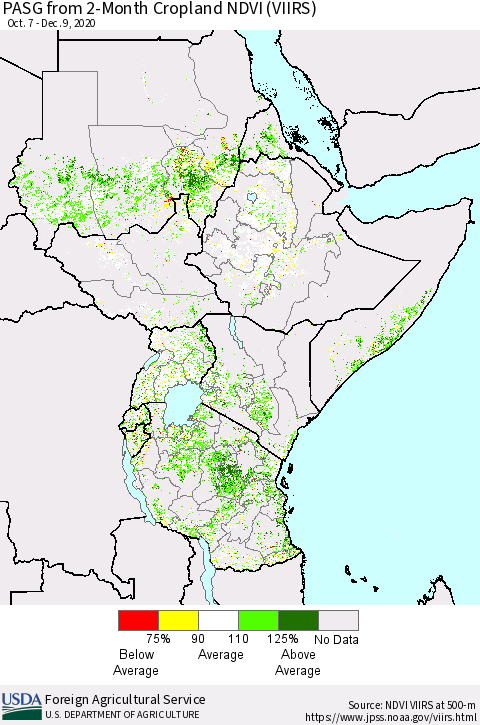 Eastern Africa PASG from 2-Month Cropland NDVI (VIIRS) Thematic Map For 12/1/2020 - 12/10/2020