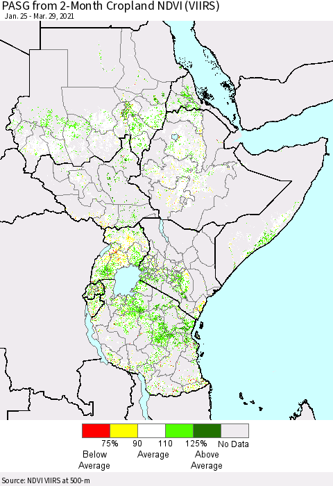 Eastern Africa PASG from 2-Month Cropland NDVI (VIIRS) Thematic Map For 3/22/2021 - 3/29/2021