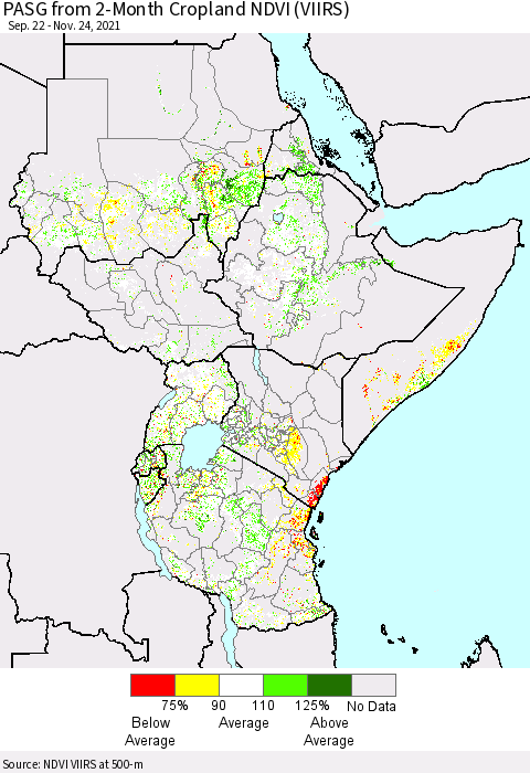 Eastern Africa PASG from 2-Month Cropland NDVI (VIIRS) Thematic Map For 11/17/2021 - 11/24/2021