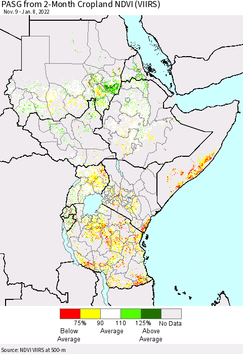 Eastern Africa PASG from 2-Month Cropland NDVI (VIIRS) Thematic Map For 1/1/2022 - 1/8/2022