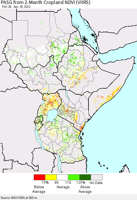 Eastern Africa PASG from 2-Month Cropland NDVI (VIIRS) Thematic Map For 4/23/2022 - 4/30/2022