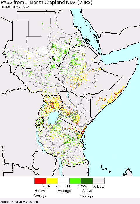 Eastern Africa PASG from 2-Month Cropland NDVI (VIIRS) Thematic Map For 5/1/2022 - 5/8/2022