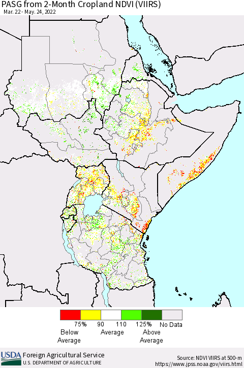 Eastern Africa PASG from 2-Month Cropland NDVI (VIIRS) Thematic Map For 5/21/2022 - 5/31/2022