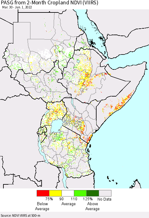 Eastern Africa PASG from 2-Month Cropland NDVI (VIIRS) Thematic Map For 5/25/2022 - 6/1/2022