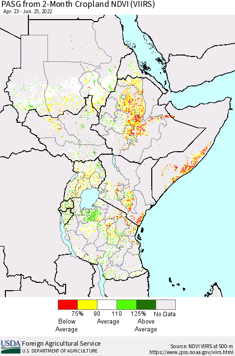 Eastern Africa PASG from 2-Month Cropland NDVI (VIIRS) Thematic Map For 6/21/2022 - 6/30/2022