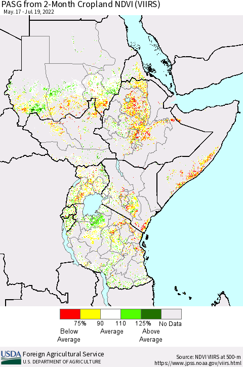 Eastern Africa PASG from 2-Month Cropland NDVI (VIIRS) Thematic Map For 7/11/2022 - 7/20/2022