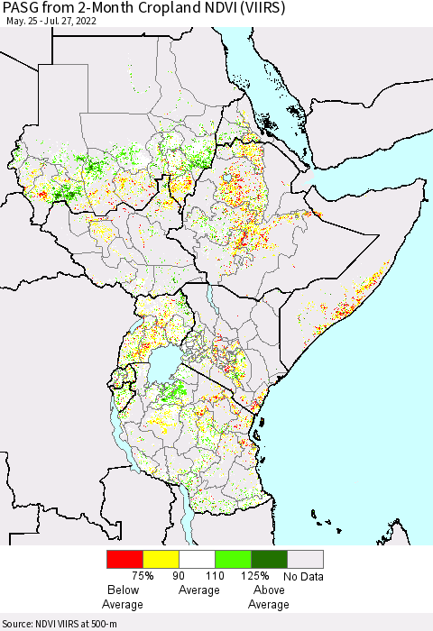 Eastern Africa PASG from 2-Month Cropland NDVI (VIIRS) Thematic Map For 7/20/2022 - 7/27/2022