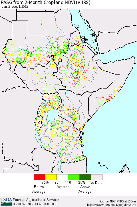 Eastern Africa PASG from 2-Month Cropland NDVI (VIIRS) Thematic Map For 8/1/2022 - 8/10/2022