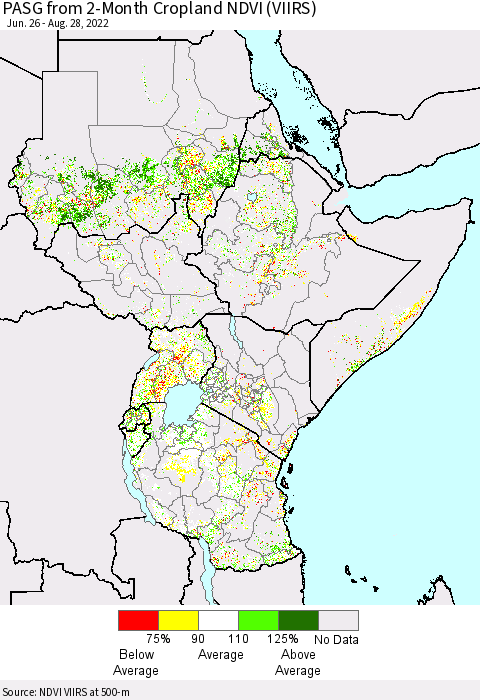 Eastern Africa PASG from 2-Month Cropland NDVI (VIIRS) Thematic Map For 8/21/2022 - 8/28/2022
