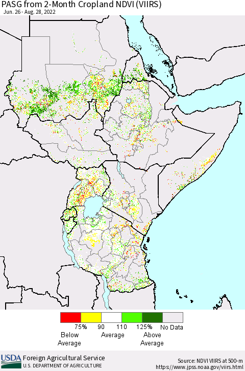 Eastern Africa PASG from 2-Month Cropland NDVI (VIIRS) Thematic Map For 8/21/2022 - 8/31/2022