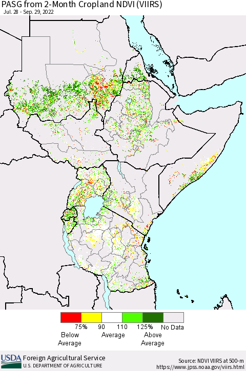 Eastern Africa PASG from 2-Month Cropland NDVI (VIIRS) Thematic Map For 9/21/2022 - 9/30/2022