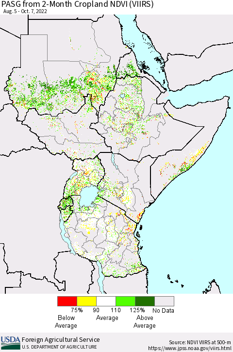 Eastern Africa PASG from 2-Month Cropland NDVI (VIIRS) Thematic Map For 10/1/2022 - 10/10/2022