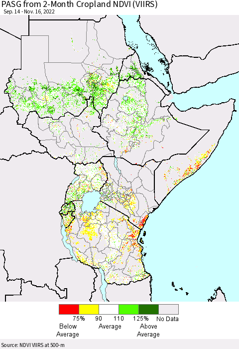 Eastern Africa PASG from 2-Month Cropland NDVI (VIIRS) Thematic Map For 11/9/2022 - 11/16/2022