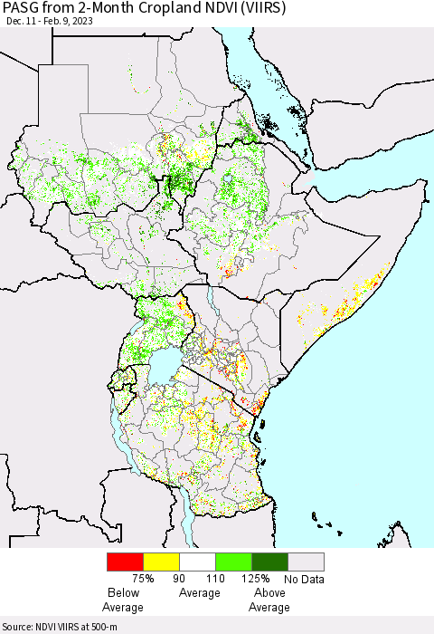 Eastern Africa PASG from 2-Month Cropland NDVI (VIIRS) Thematic Map For 2/2/2023 - 2/9/2023
