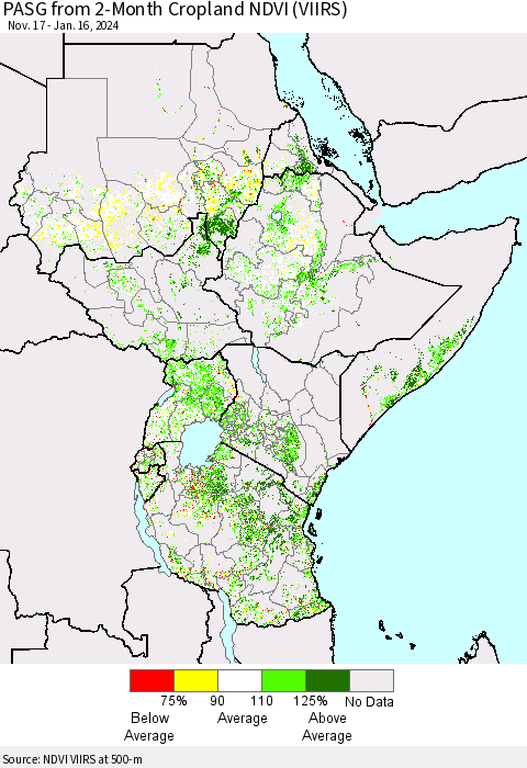 Eastern Africa PASG from 2-Month Cropland NDVI (VIIRS) Thematic Map For 1/9/2024 - 1/16/2024