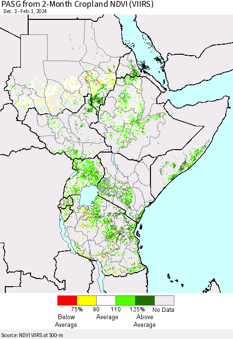 Eastern Africa PASG from 2-Month Cropland NDVI (VIIRS) Thematic Map For 1/25/2024 - 2/1/2024
