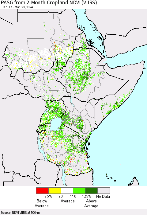 Eastern Africa PASG from 2-Month Cropland NDVI (VIIRS) Thematic Map For 3/13/2024 - 3/20/2024