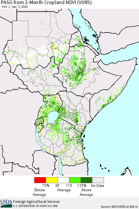 Eastern Africa PASG from 2-Month Cropland NDVI (VIIRS) Thematic Map For 3/29/2024 - 4/5/2024