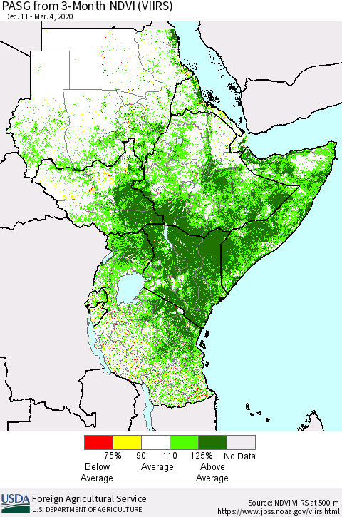 Eastern Africa PASG from 3-Month NDVI (VIIRS) Thematic Map For 3/1/2020 - 3/10/2020