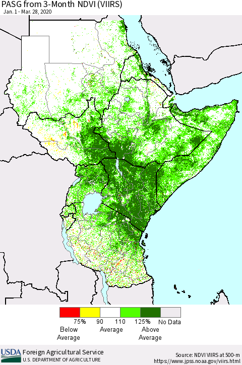 Eastern Africa PASG from 3-Month NDVI (VIIRS) Thematic Map For 3/21/2020 - 3/31/2020