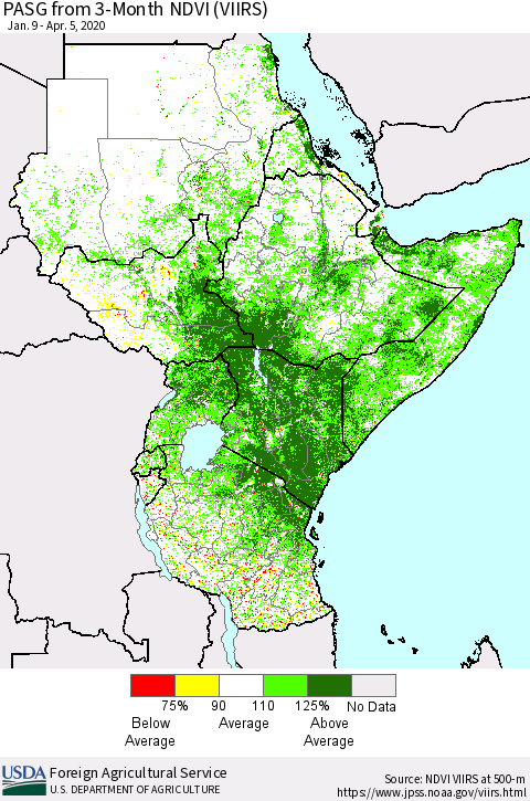 Eastern Africa PASG from 3-Month NDVI (VIIRS) Thematic Map For 4/1/2020 - 4/10/2020