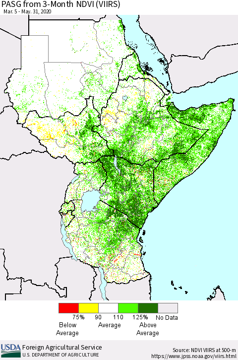 Eastern Africa PASG from 3-Month NDVI (VIIRS) Thematic Map For 5/21/2020 - 5/31/2020