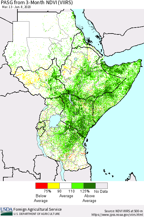 Eastern Africa PASG from 3-Month NDVI (VIIRS) Thematic Map For 6/1/2020 - 6/10/2020