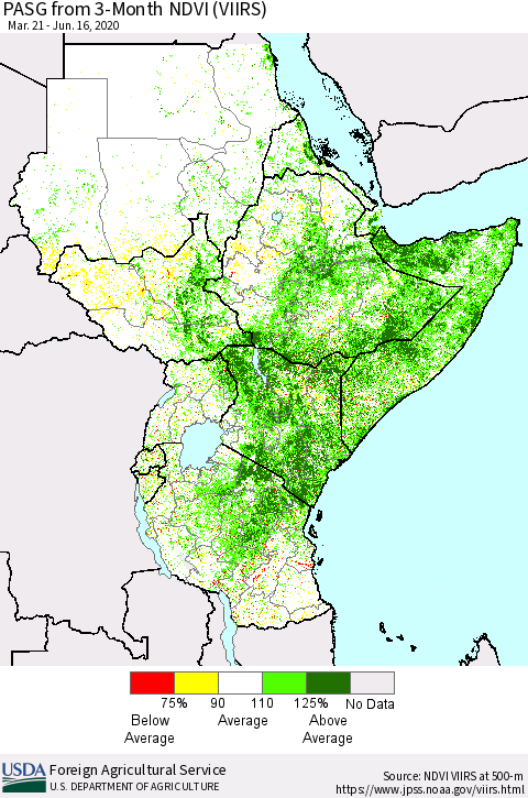 Eastern Africa PASG from 3-Month NDVI (VIIRS) Thematic Map For 6/11/2020 - 6/20/2020