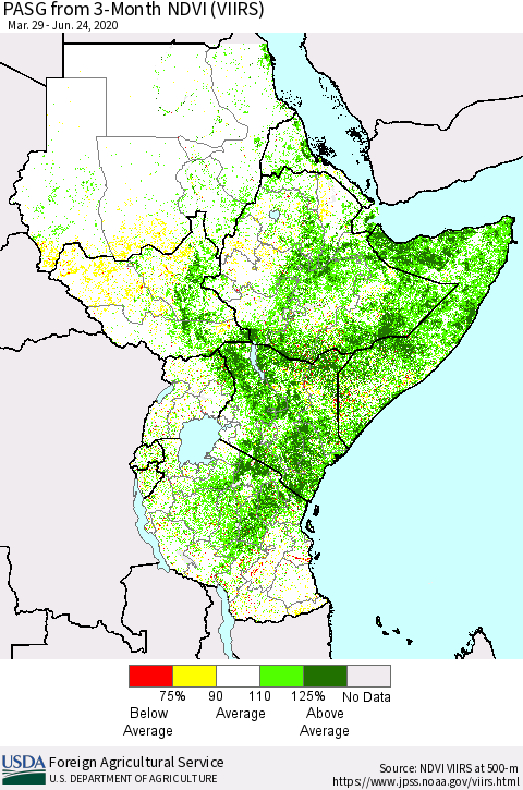 Eastern Africa PASG from 3-Month NDVI (VIIRS) Thematic Map For 6/21/2020 - 6/30/2020