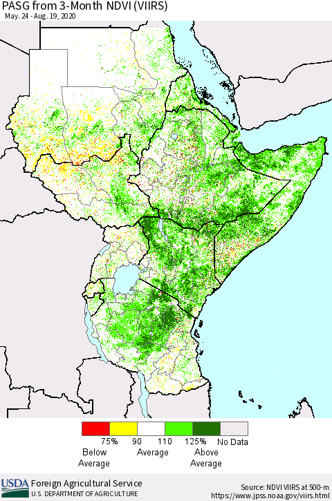 Eastern Africa PASG from 3-Month NDVI (VIIRS) Thematic Map For 8/11/2020 - 8/20/2020
