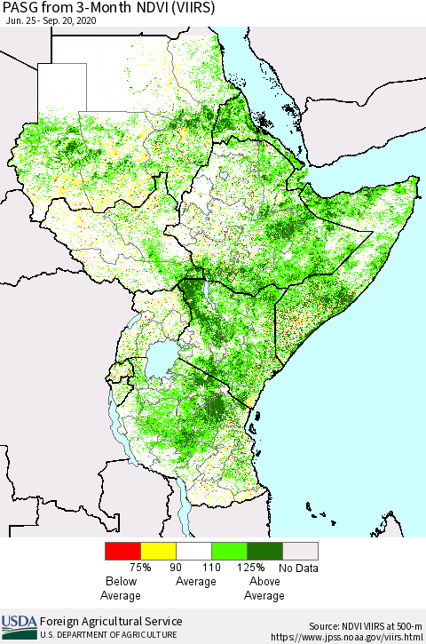Eastern Africa PASG from 3-Month NDVI (VIIRS) Thematic Map For 9/11/2020 - 9/20/2020