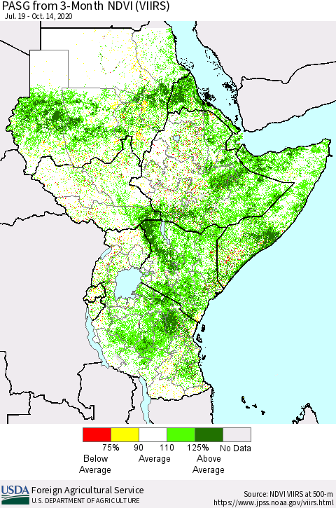 Eastern Africa PASG from 3-Month NDVI (VIIRS) Thematic Map For 10/11/2020 - 10/20/2020