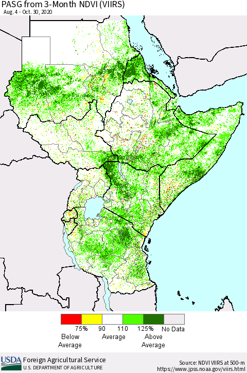 Eastern Africa PASG from 3-Month NDVI (VIIRS) Thematic Map For 10/21/2020 - 10/31/2020