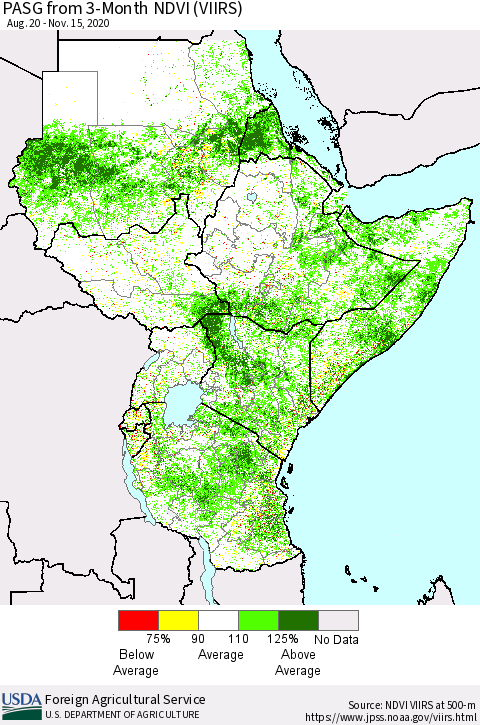 Eastern Africa PASG from 3-Month NDVI (VIIRS) Thematic Map For 11/11/2020 - 11/20/2020