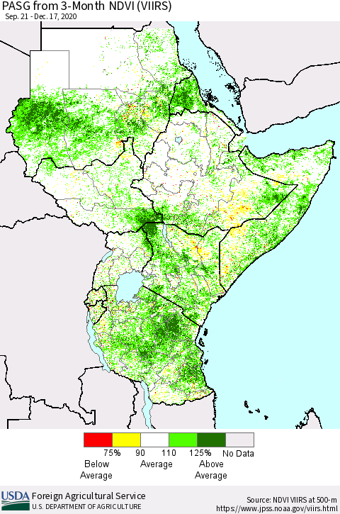 Eastern Africa PASG from 3-Month NDVI (VIIRS) Thematic Map For 12/11/2020 - 12/20/2020