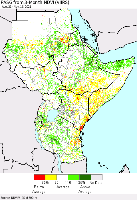 Eastern Africa PASG from 3-Month NDVI (VIIRS) Thematic Map For 11/9/2021 - 11/16/2021