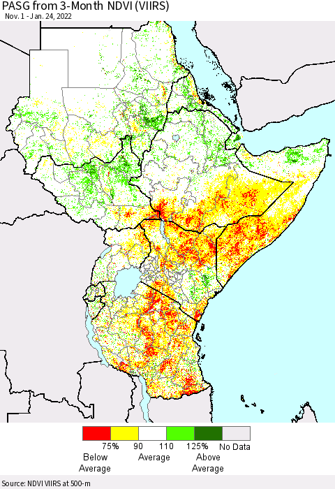 Eastern Africa PASG from 3-Month NDVI (VIIRS) Thematic Map For 1/17/2022 - 1/24/2022