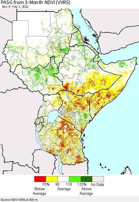 Eastern Africa PASG from 3-Month NDVI (VIIRS) Thematic Map For 1/25/2022 - 2/1/2022