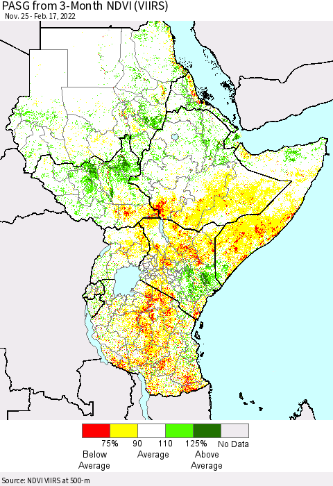 Eastern Africa PASG from 3-Month NDVI (VIIRS) Thematic Map For 2/10/2022 - 2/17/2022