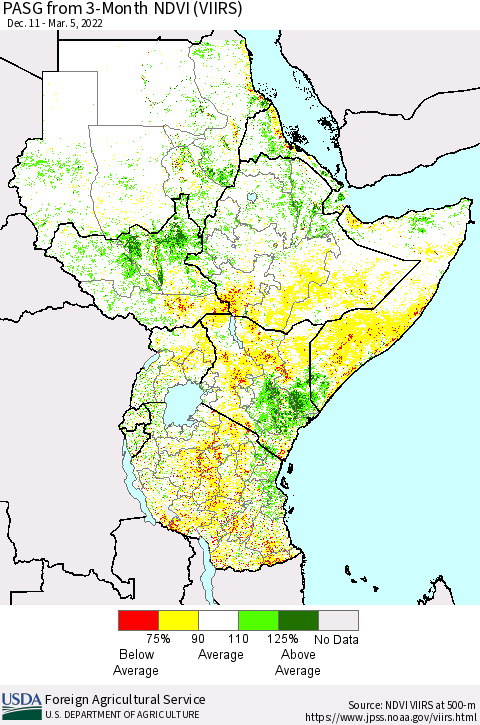 Eastern Africa PASG from 3-Month NDVI (VIIRS) Thematic Map For 3/1/2022 - 3/10/2022