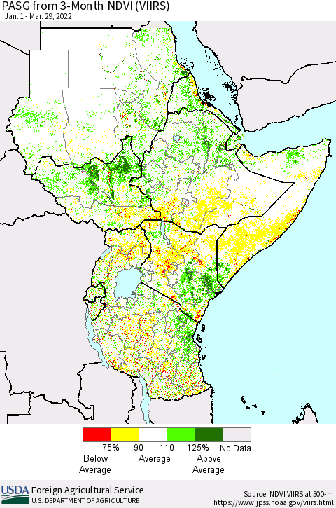 Eastern Africa PASG from 3-Month NDVI (VIIRS) Thematic Map For 3/21/2022 - 3/31/2022