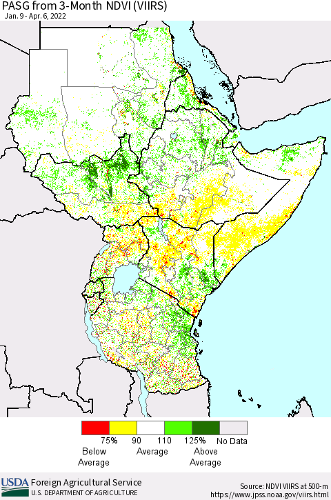 Eastern Africa PASG from 3-Month NDVI (VIIRS) Thematic Map For 4/1/2022 - 4/10/2022
