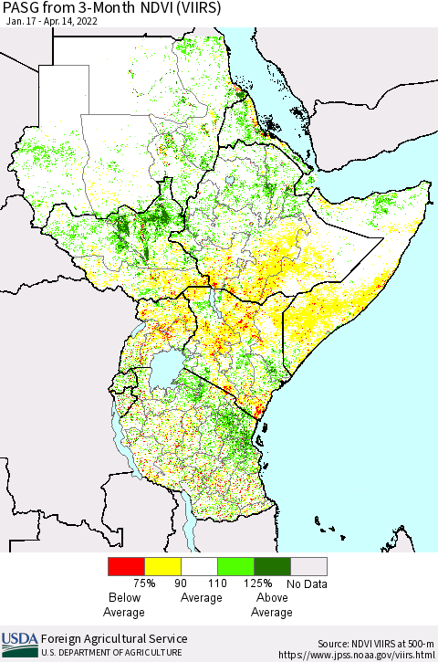 Eastern Africa PASG from 3-Month NDVI (VIIRS) Thematic Map For 4/11/2022 - 4/20/2022