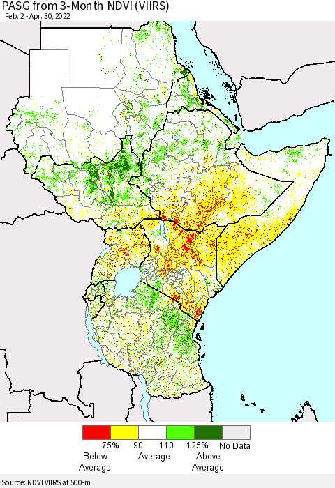 Eastern Africa PASG from 3-Month NDVI (VIIRS) Thematic Map For 4/21/2022 - 4/30/2022