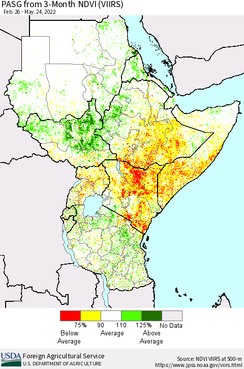 Eastern Africa PASG from 3-Month NDVI (VIIRS) Thematic Map For 5/21/2022 - 5/31/2022