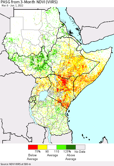 Eastern Africa PASG from 3-Month NDVI (VIIRS) Thematic Map For 5/25/2022 - 6/1/2022